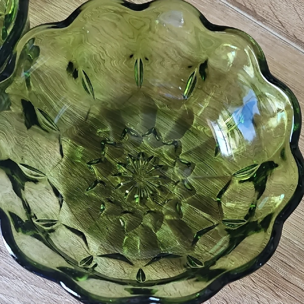 Pair Of Elegant Green Glass Bowls with Scalloped Design 6inch Diameter